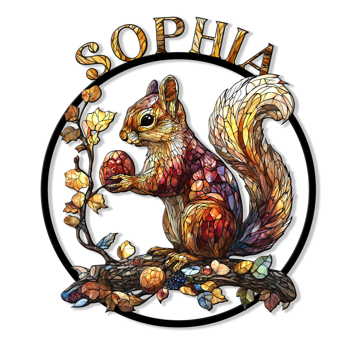 Stained glass style squirrel metal sign with an acorn, autumn leaves, and a large curved tail