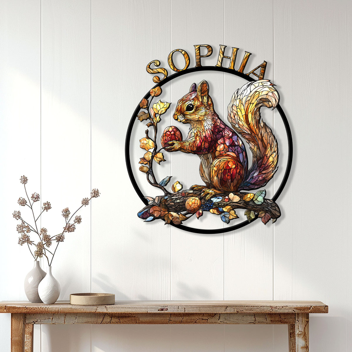 Stained glass squirrel wall sign displayed above a console table in a bright home interior