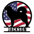 Alaskan Malamute silhouette metal sign with a patriotic American flag backdrop
