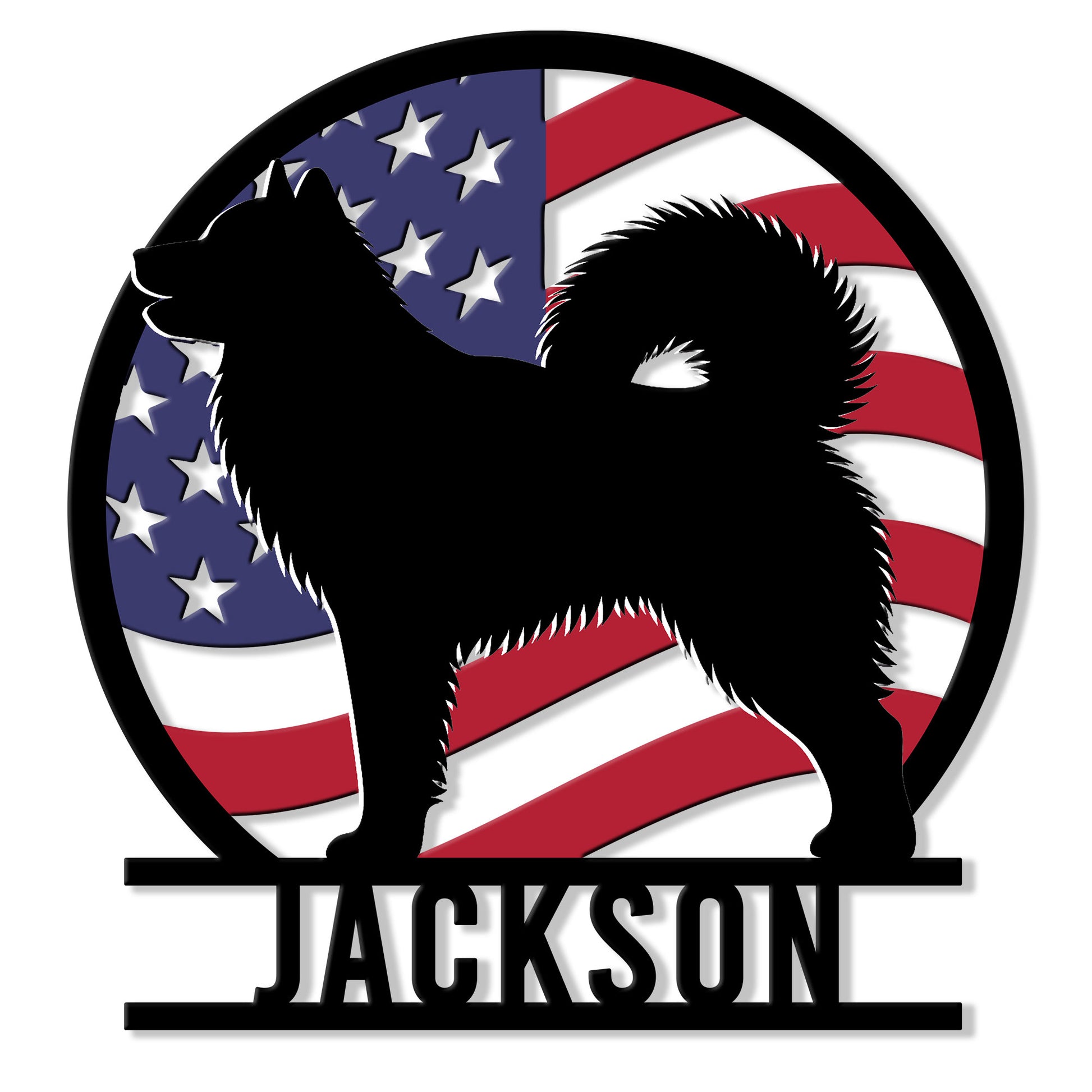 Alaskan Malamute silhouette metal sign with a patriotic American flag backdrop