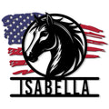 Custom horse metal sign featuring a bold black horse portrait over a distressed American flag design