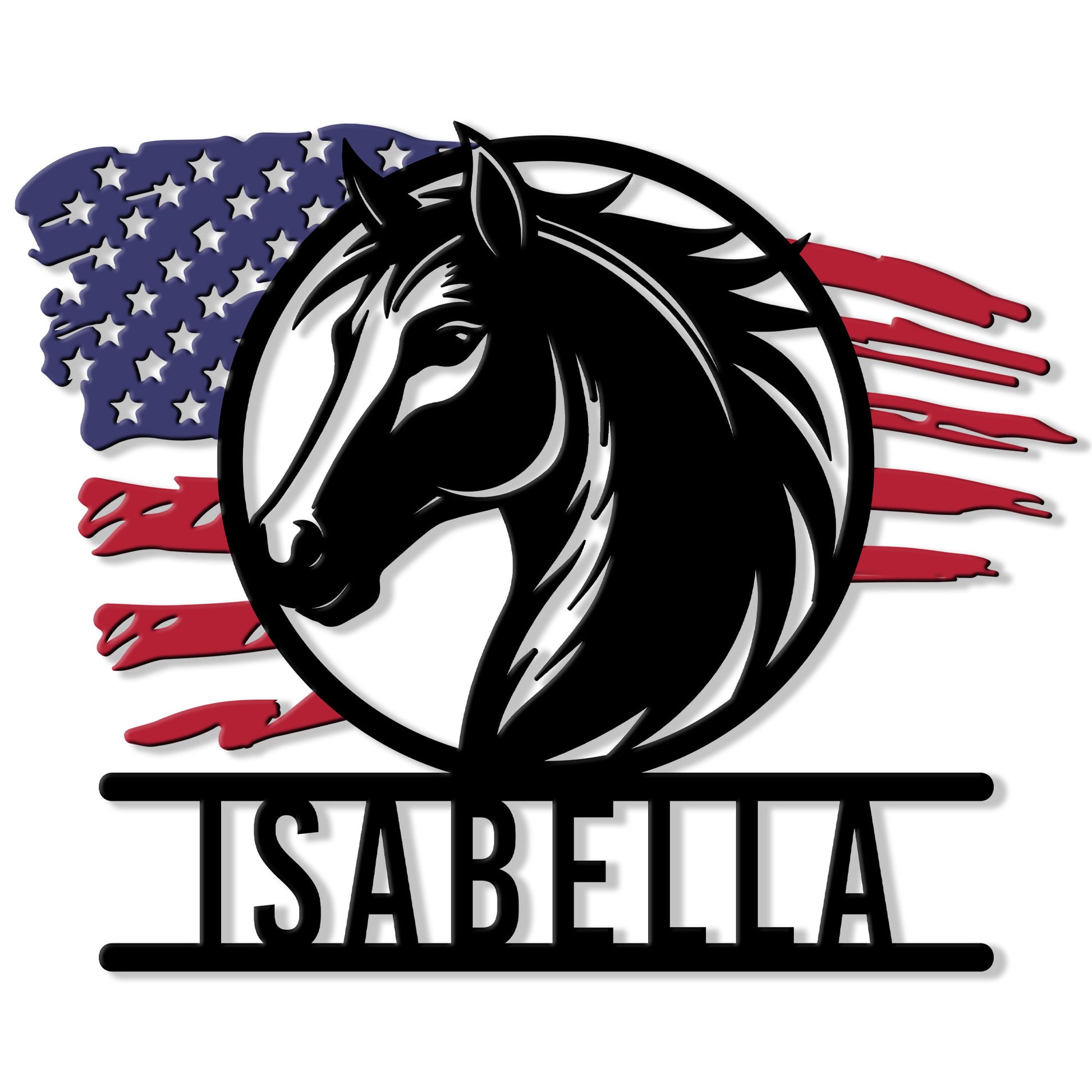 Custom horse metal sign featuring a bold black horse portrait over a distressed American flag design