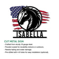 Horse head metal sign with patriotic American flag artwork shown in a product feature presentation
