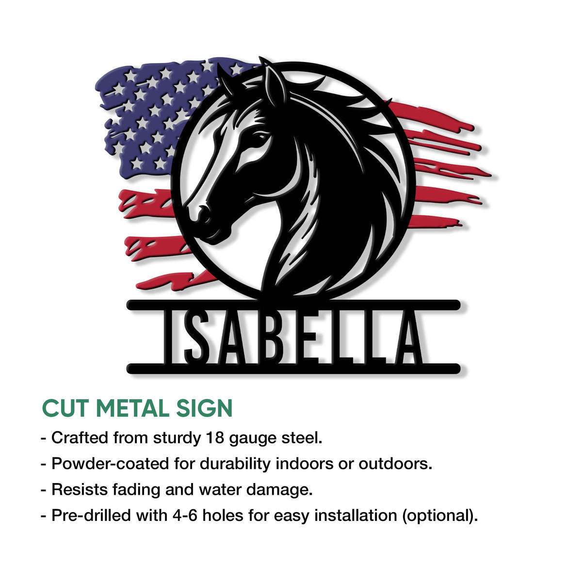 Horse head metal sign with patriotic American flag artwork shown in a product feature presentation