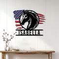 Patriotic horse wall sign displayed above a console table in a bright farmhouse-style interior