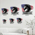 Horse and American flag metal sign shown in multiple size options on a white paneled wall