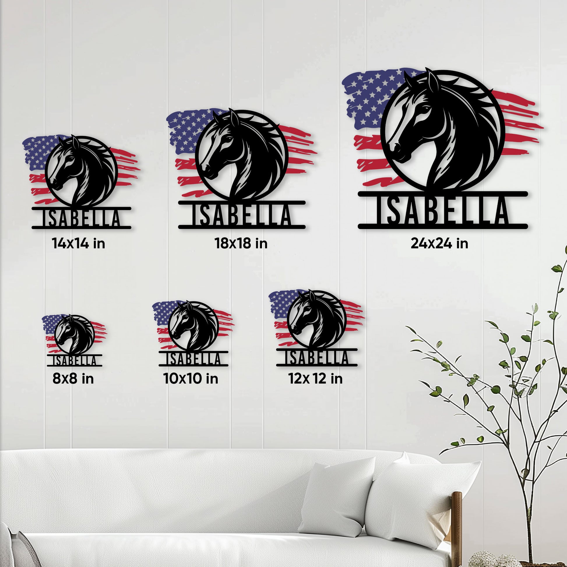 Horse and American flag metal sign shown in multiple size options on a white paneled wall