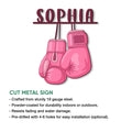 Breast cancer awareness boxing glove metal sign shown in a product feature graphic