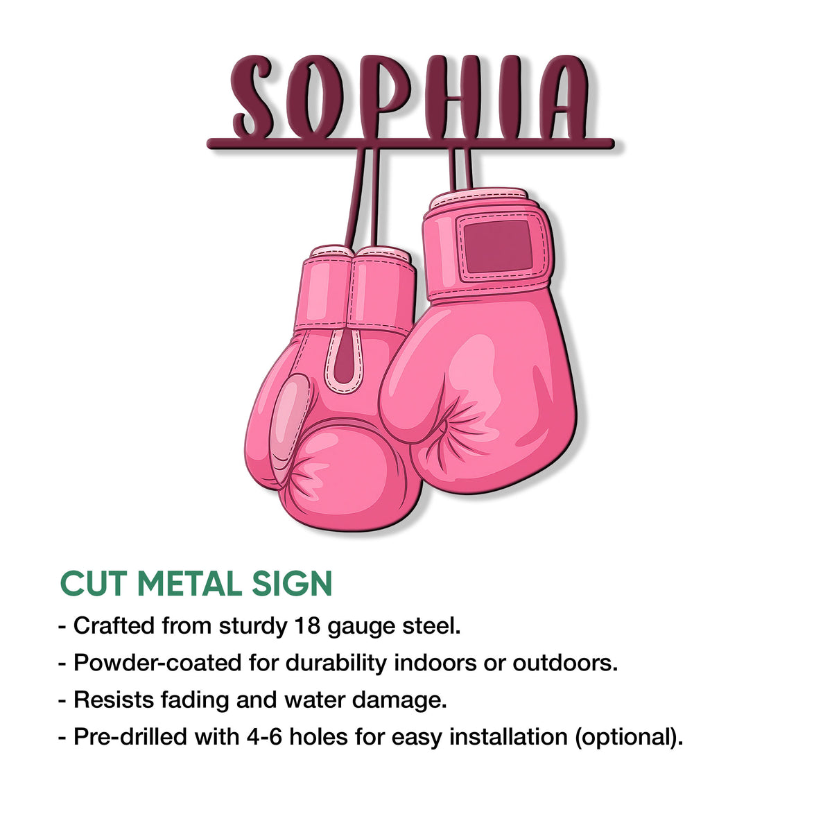Breast cancer awareness boxing glove metal sign shown in a product feature graphic