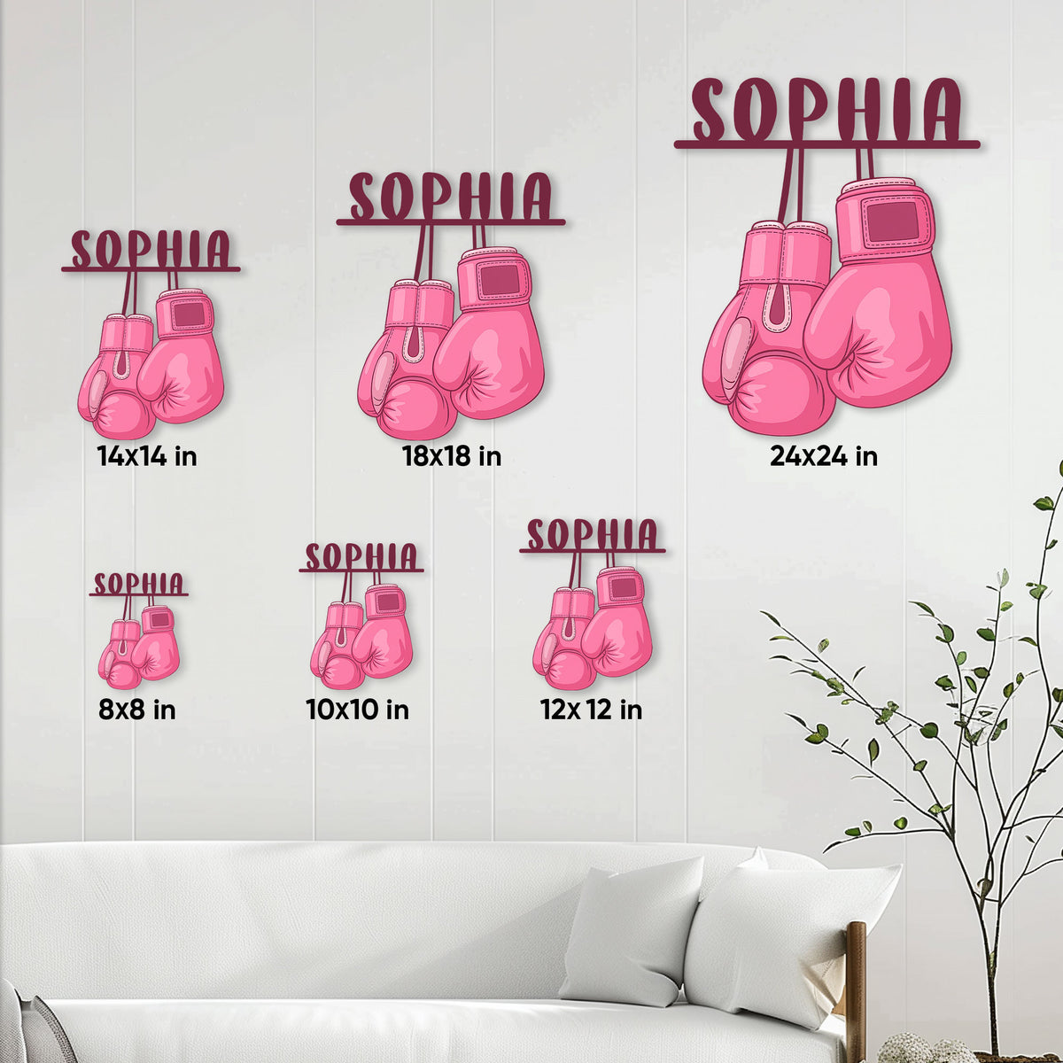 Breast cancer awareness boxing glove metal sign size guide showing six available dimensions