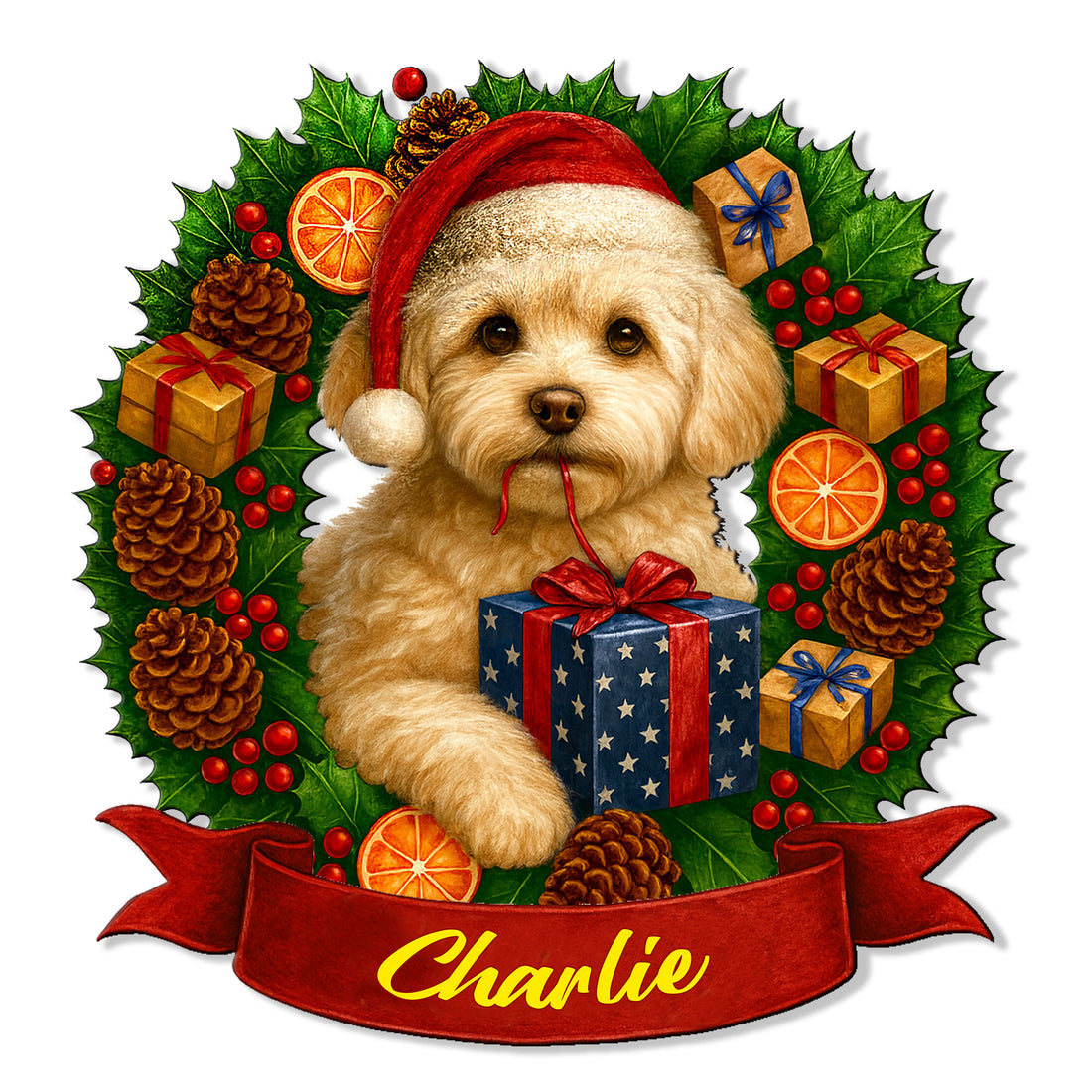 Custom Christmas Maltipoo metal sign featuring a Santa-hat dog, gifts, holly, pinecones, and a festive red banner