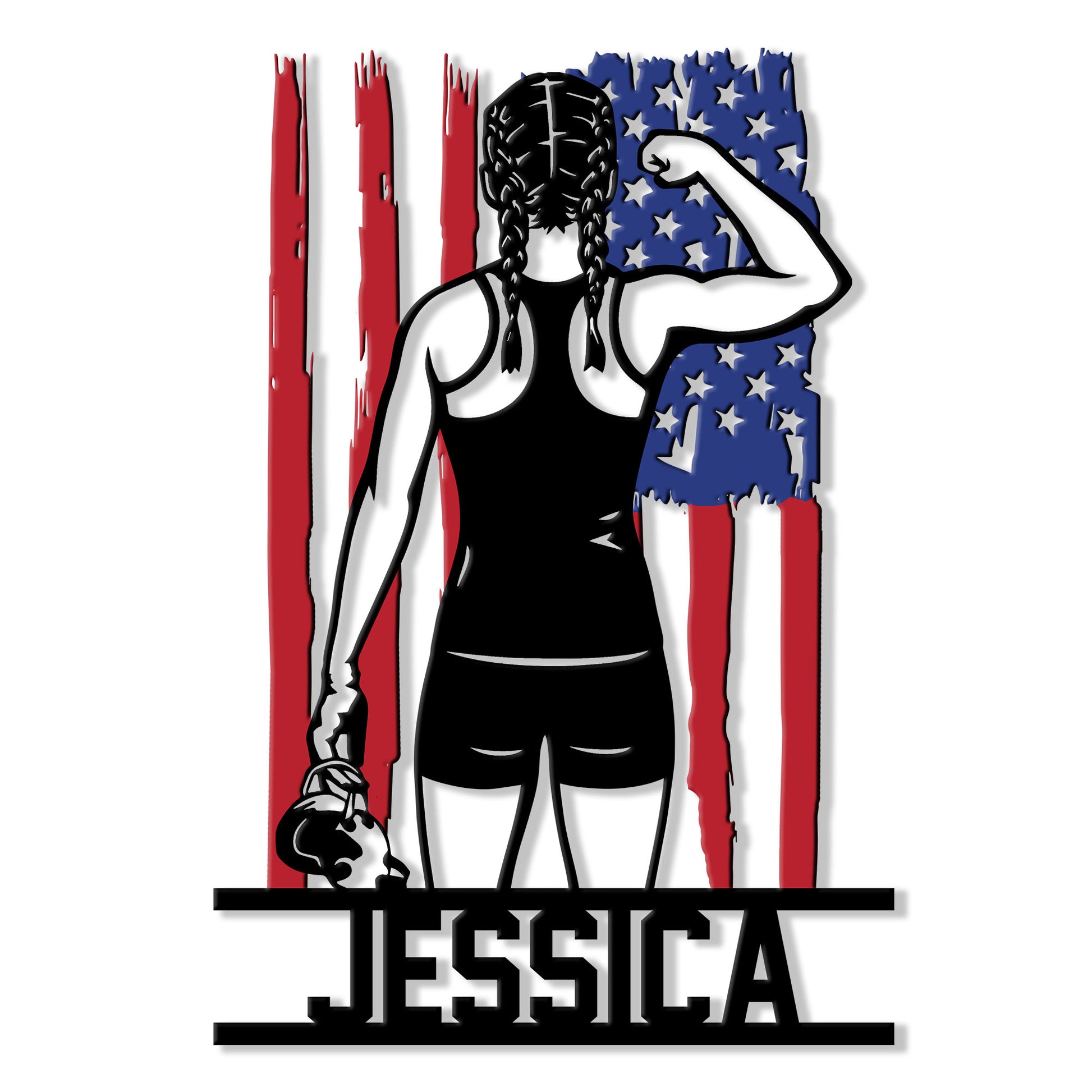 Custom wrestling metal sign featuring a strong female wrestler flexing in front of a distressed American flag