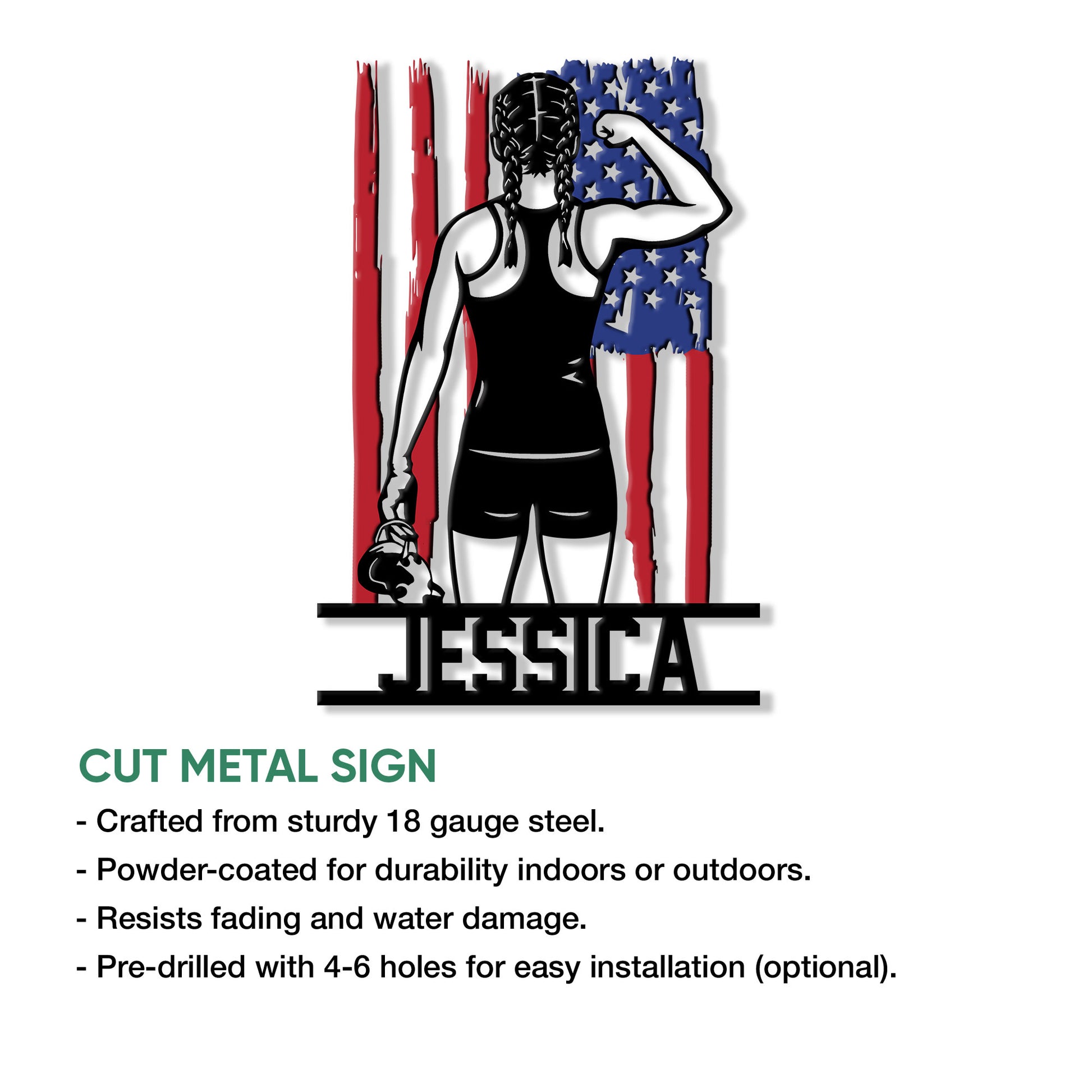Cut metal wrestling sign showcasing a female athlete with boxing gloves and a patriotic American flag design