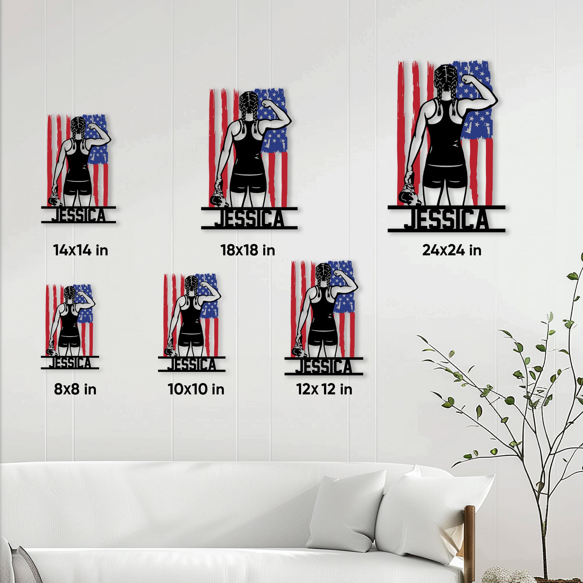 Wrestling metal sign size guide showing available square sizes from 8x8 to 24x24 inches