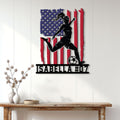 Patriotic women's soccer metal sign displayed on a bright paneled wall above a console table