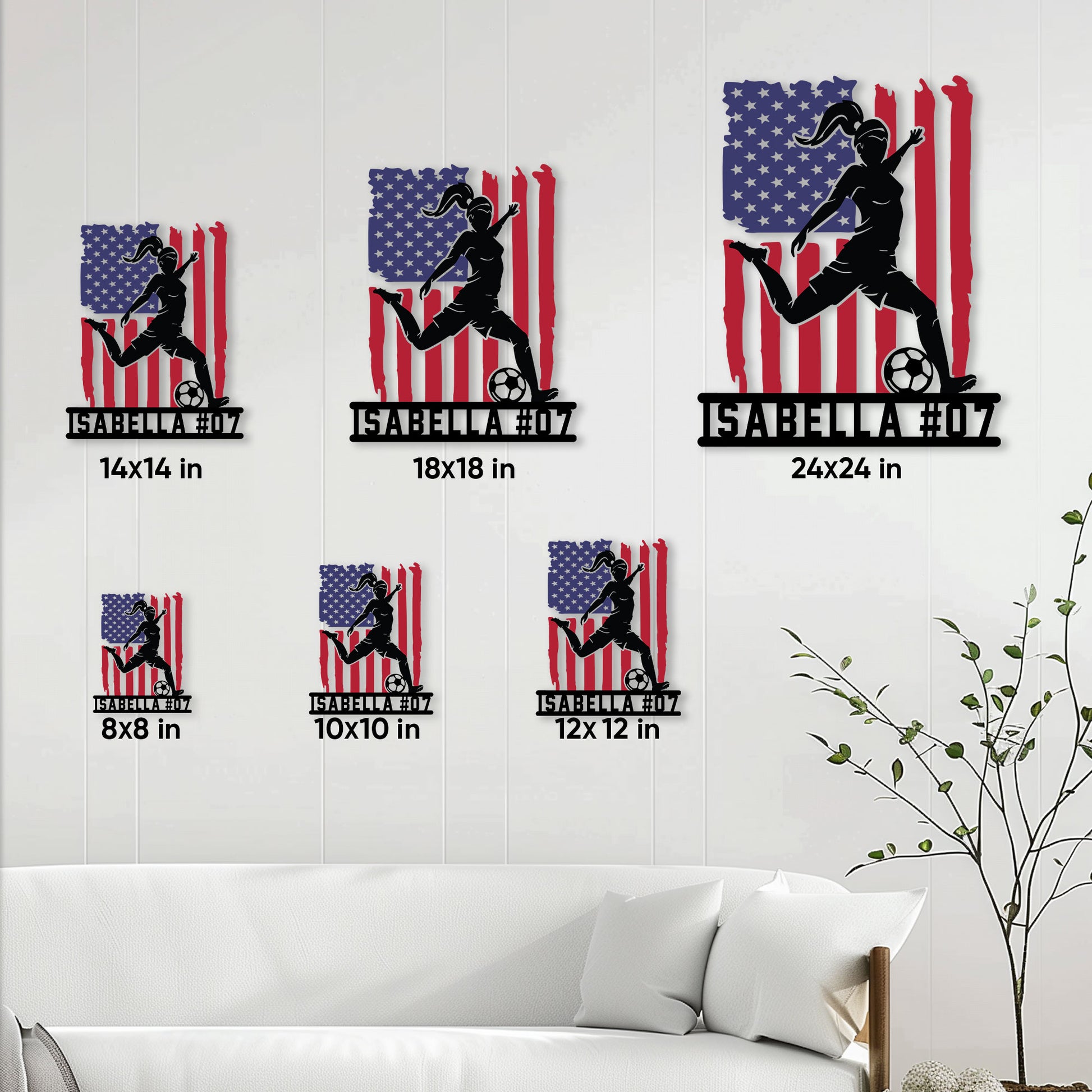 Soccer metal sign size guide showing square display options from 8 by 8 to 24 by 24 inches