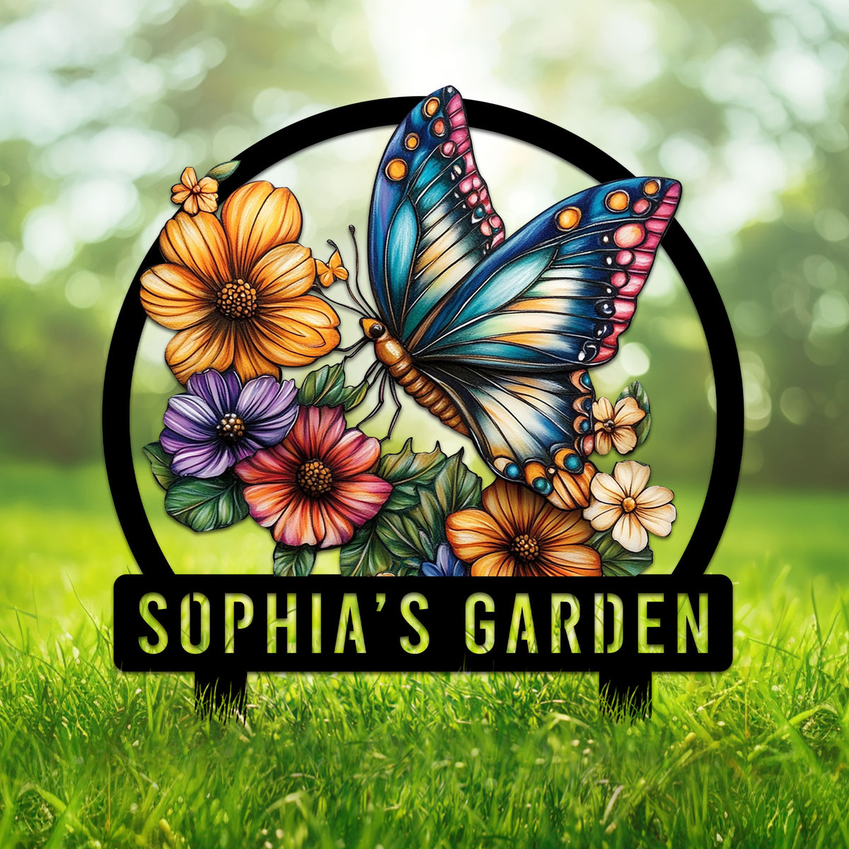 Colorful butterfly and flowers on a custom garden metal sign displayed in a lush outdoor setting
