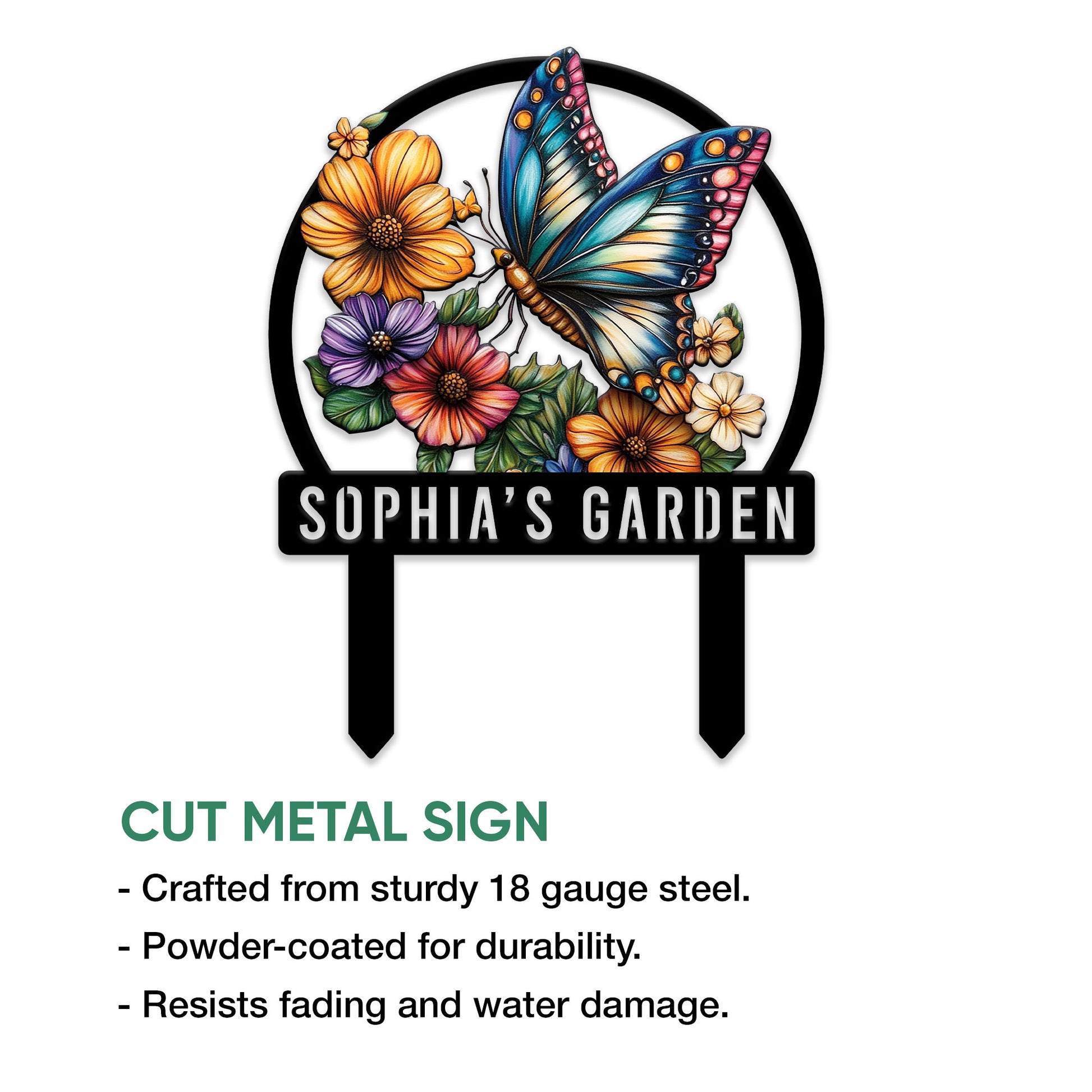Floral butterfly garden metal sign shown as a cut steel design with decorative stake legs