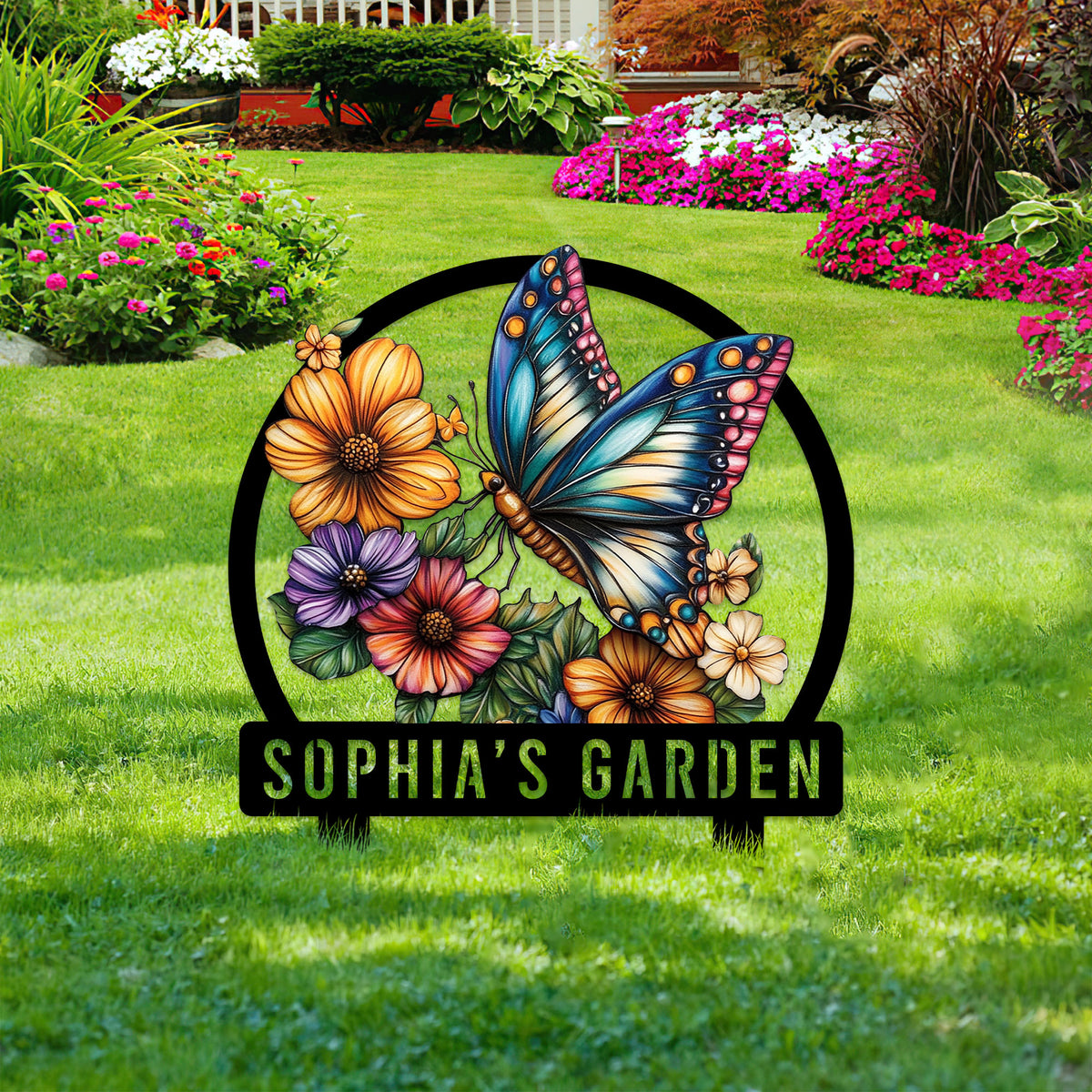 Butterfly garden sign displayed among blooming flower beds and green lawn landscaping