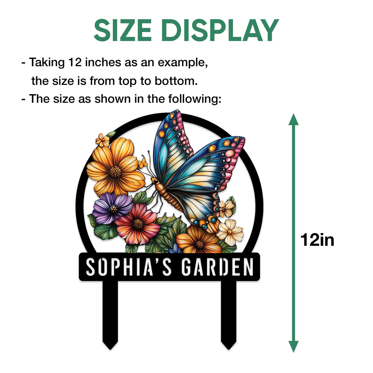 Butterfly and floral garden metal sign shown with a vertical 12-inch size measurement