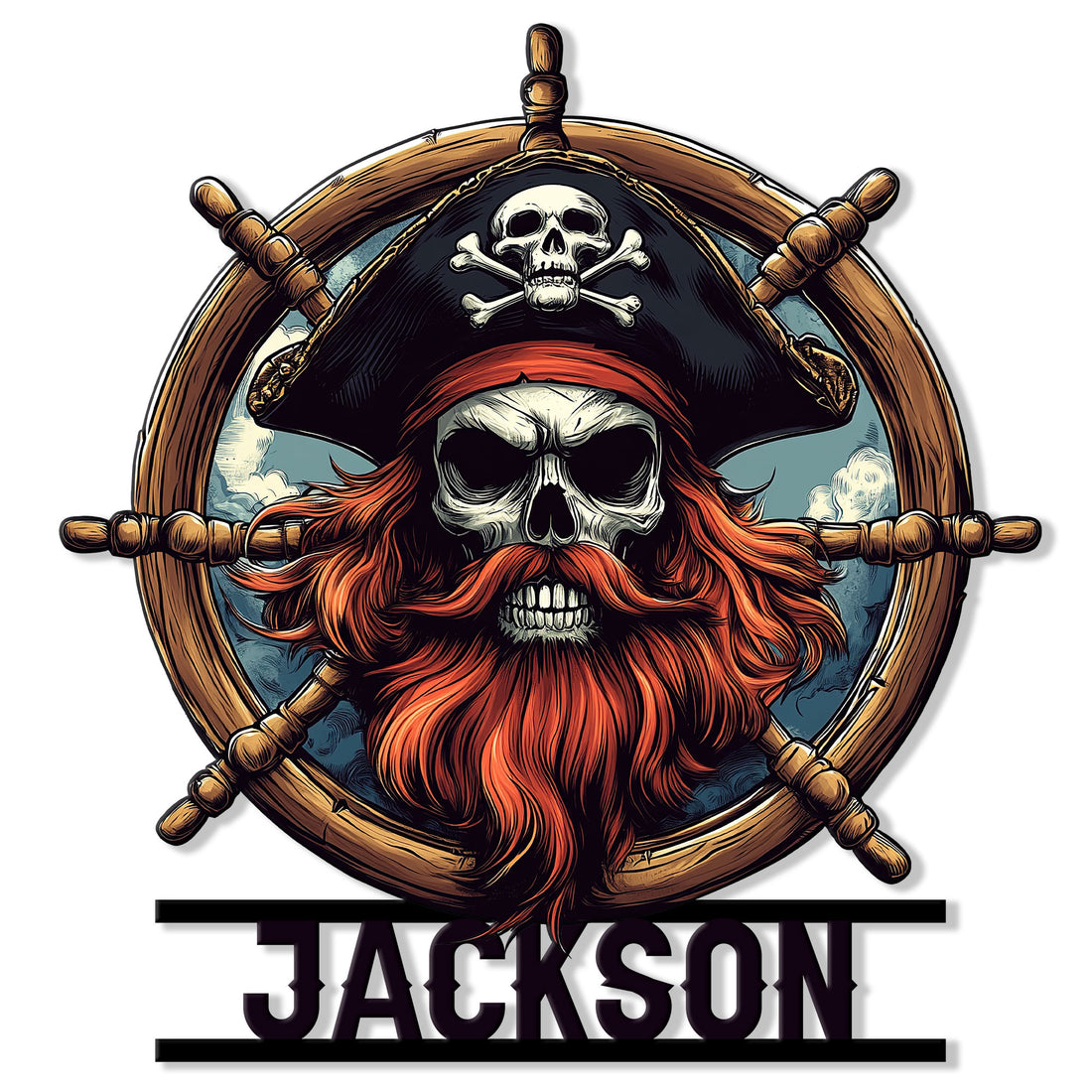 Pirate metal sign featuring a skull captain with a red beard, tricorn hat, crossed bones, and ship wheel