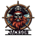 Pirate metal sign featuring a skull captain with a red beard, tricorn hat, crossed bones, and ship wheel