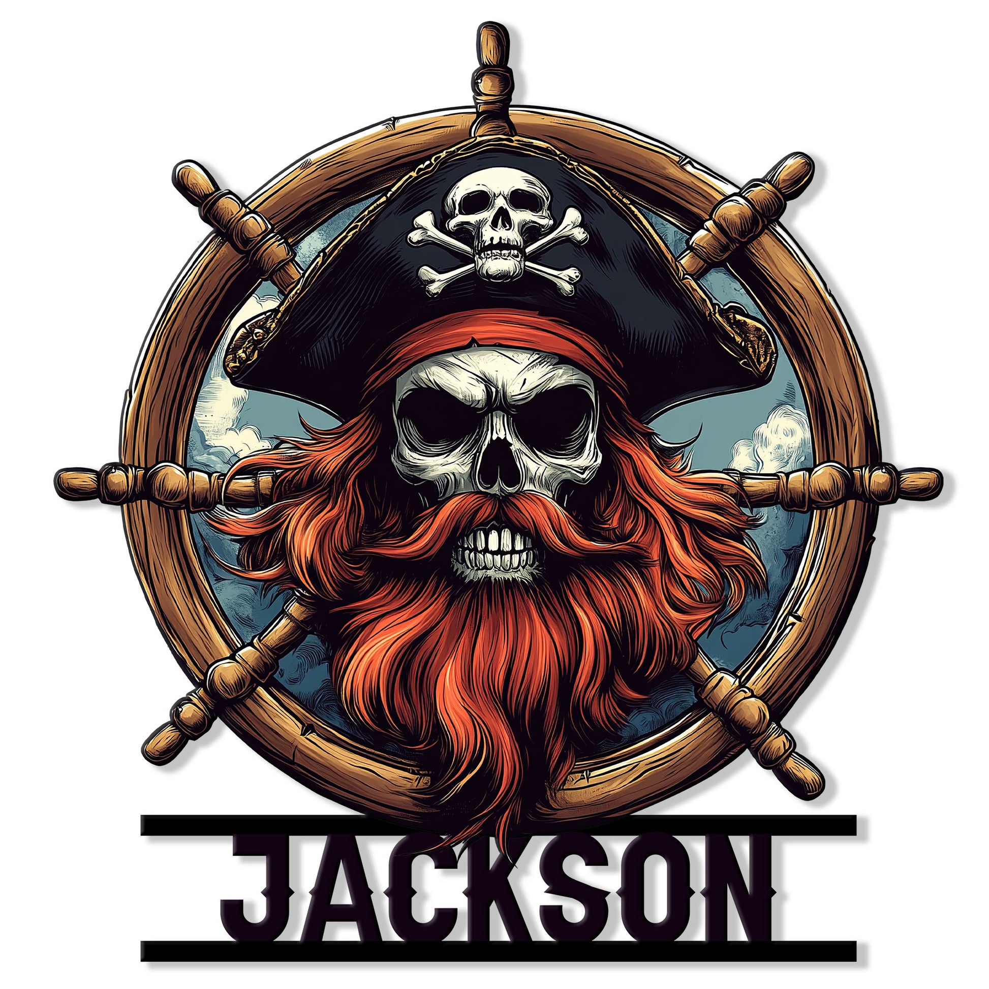 Pirate metal sign featuring a skull captain with a red beard, tricorn hat, crossed bones, and ship wheel