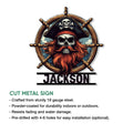 Pirate skull captain metal sign shown with product feature details and available size options