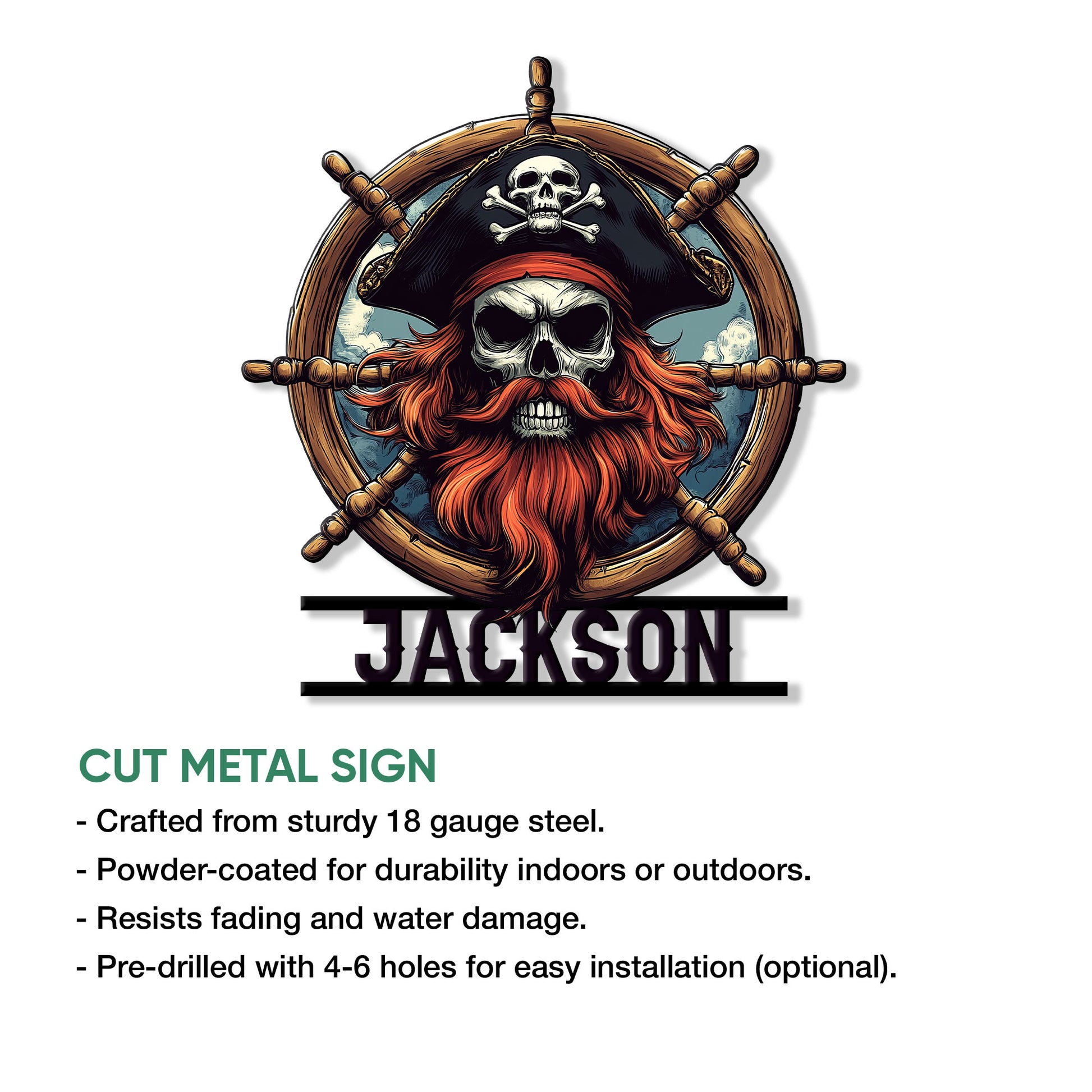 Pirate skull captain metal sign shown with product feature details and available size options