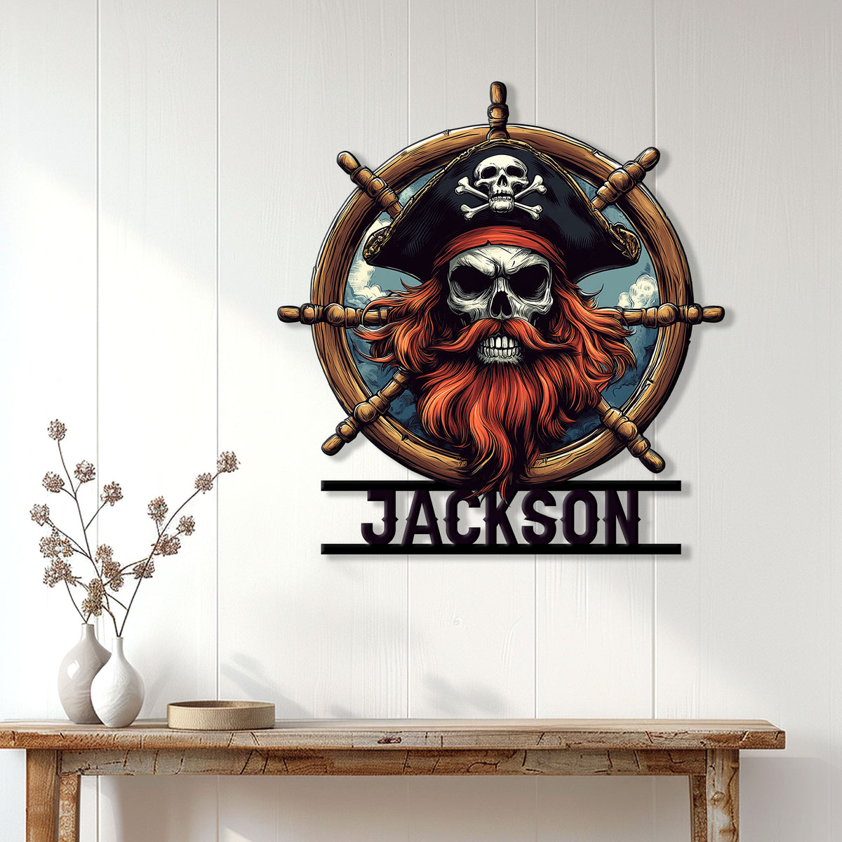 Pirate metal wall sign displayed in a bright home entryway, featuring a skull captain and ship wheel