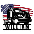 Patriotic semi-truck metal sign featuring a bold American flag design and strong black truck silhouette