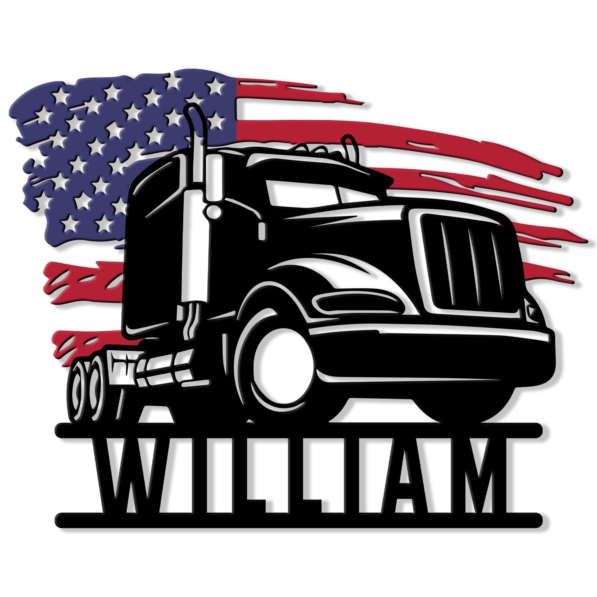 Patriotic semi-truck metal sign featuring a bold American flag design and strong black truck silhouette
