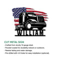 Patriotic truck metal sign feature graphic with multiple available size options shown for wall display