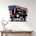 Patriotic semi-truck wall sign displayed above a console table in a bright home interior