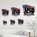 Patriotic truck metal sign shown in several size options on a paneled wall above a sofa