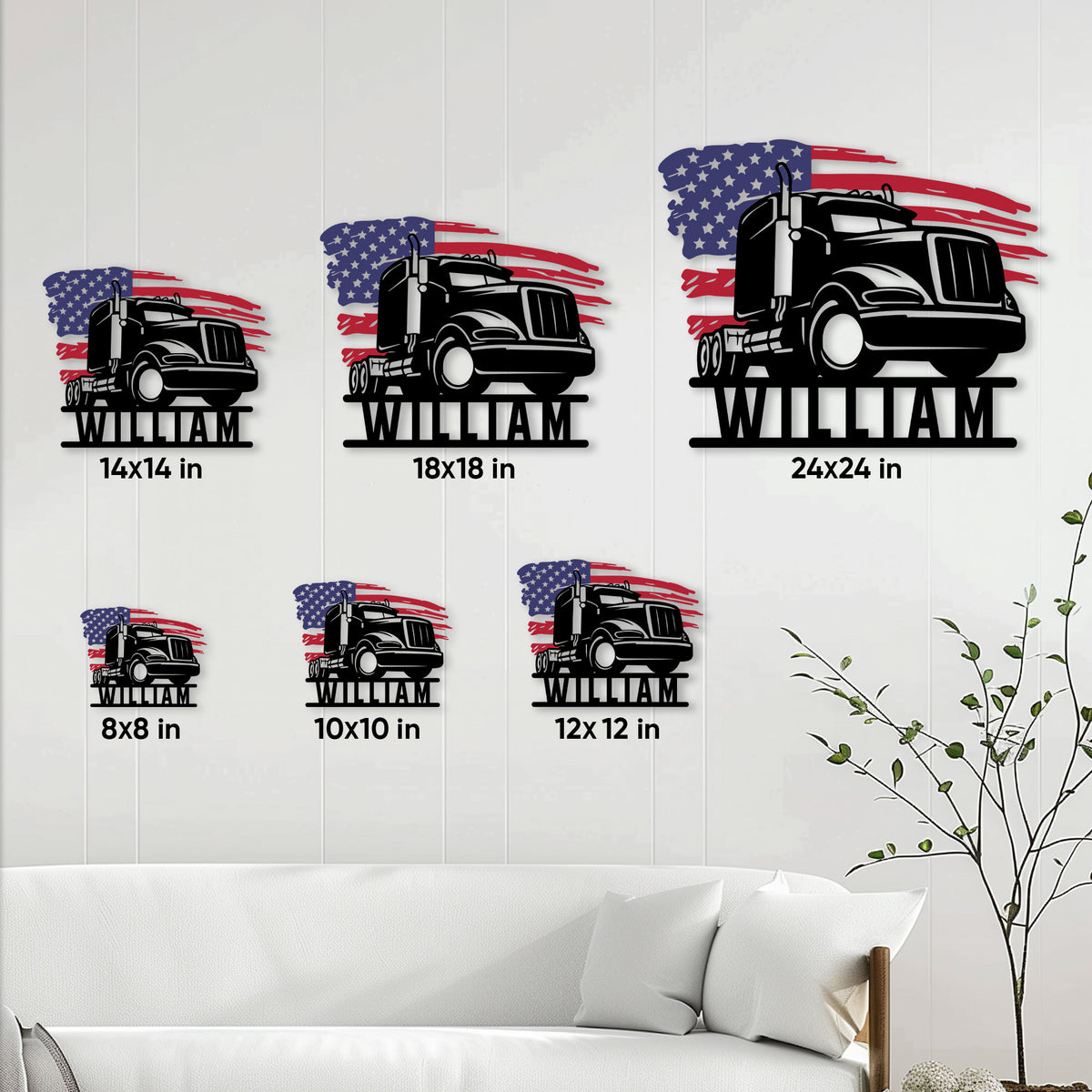 Patriotic truck metal sign shown in several size options on a paneled wall above a sofa