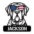 English Mastiff metal sign featuring a bold dog portrait wearing American flag sunglasses