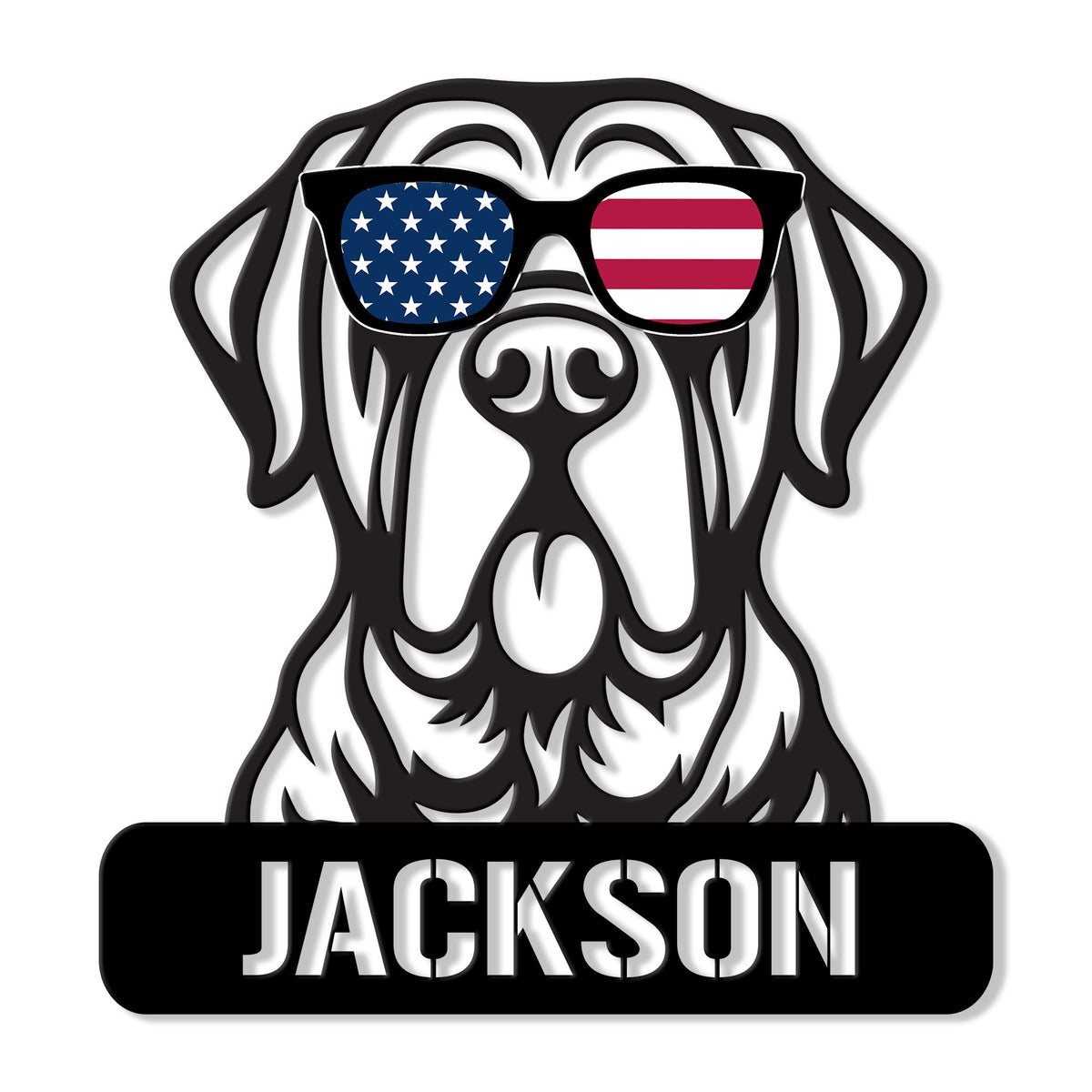 English Mastiff metal sign featuring a bold dog portrait wearing American flag sunglasses