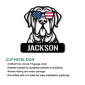 English Mastiff cut metal sign shown with patriotic sunglasses artwork and product features