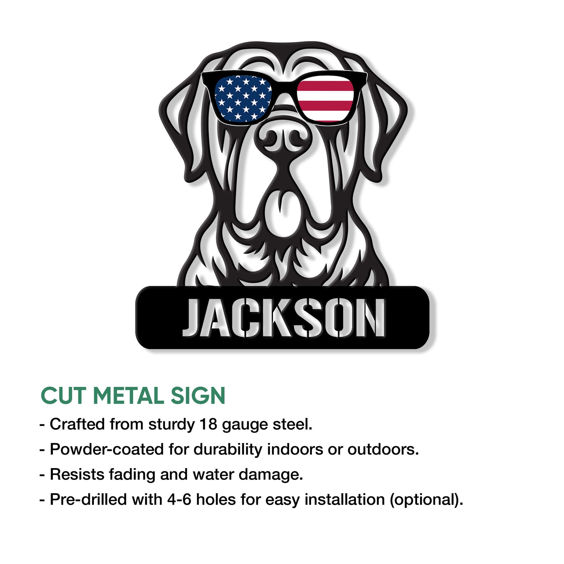 English Mastiff cut metal sign shown with patriotic sunglasses artwork and product features