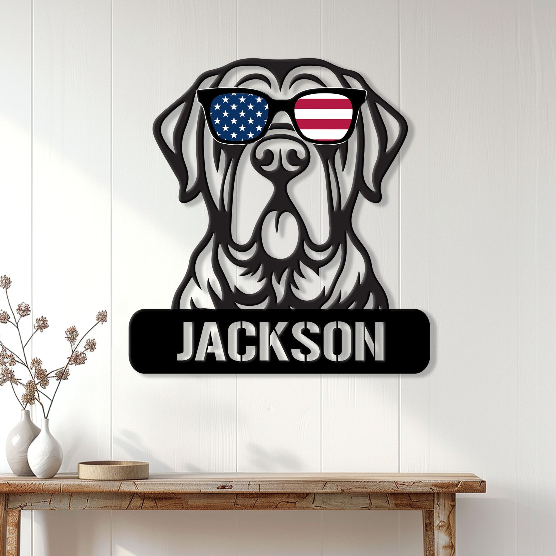 English Mastiff wall sign displayed on a light wood wall above a console table