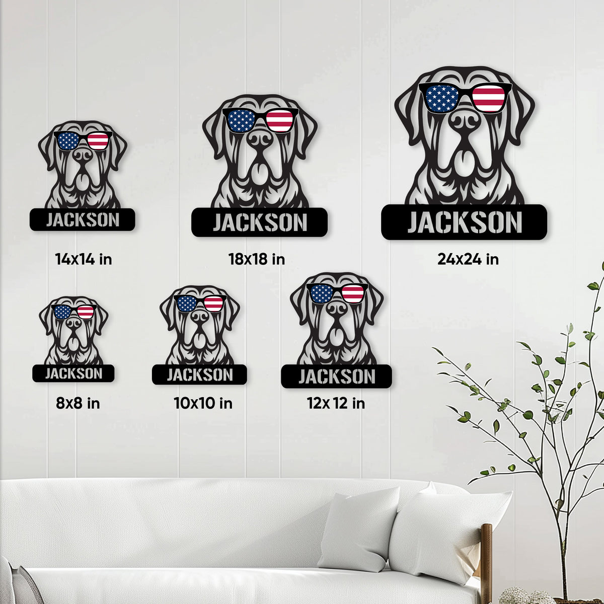 English Mastiff metal sign size guide showing six available square size options