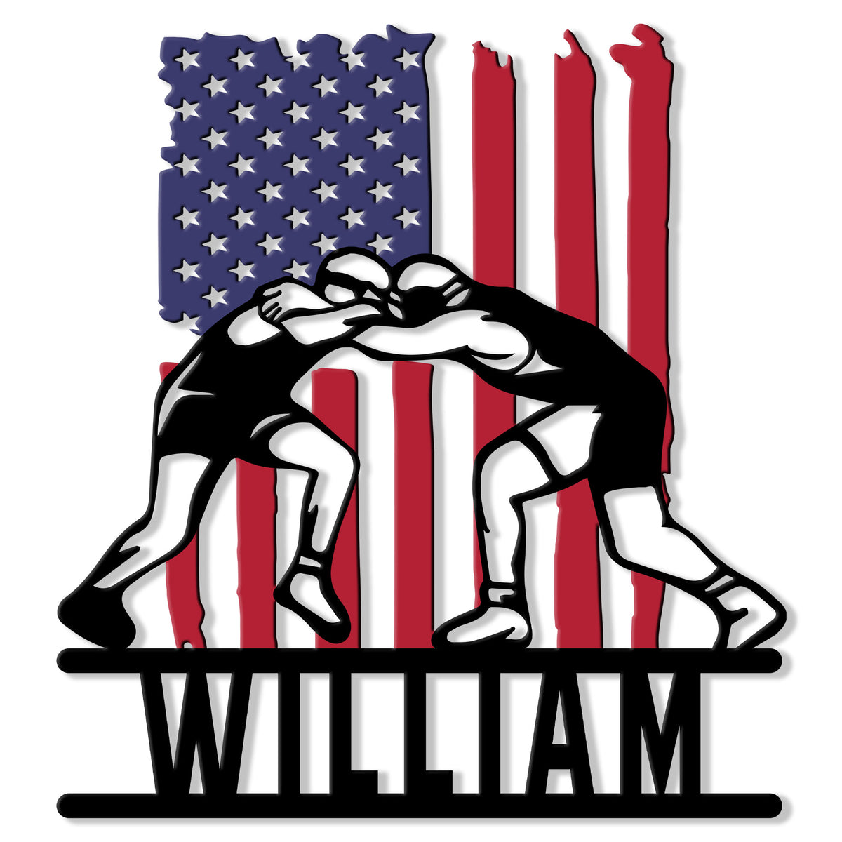 Wrestling metal sign featuring two grapplers in a dramatic hold over an American flag design