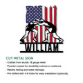 Wrestling cut metal sign shown with an American flag backdrop and bold grappler silhouette