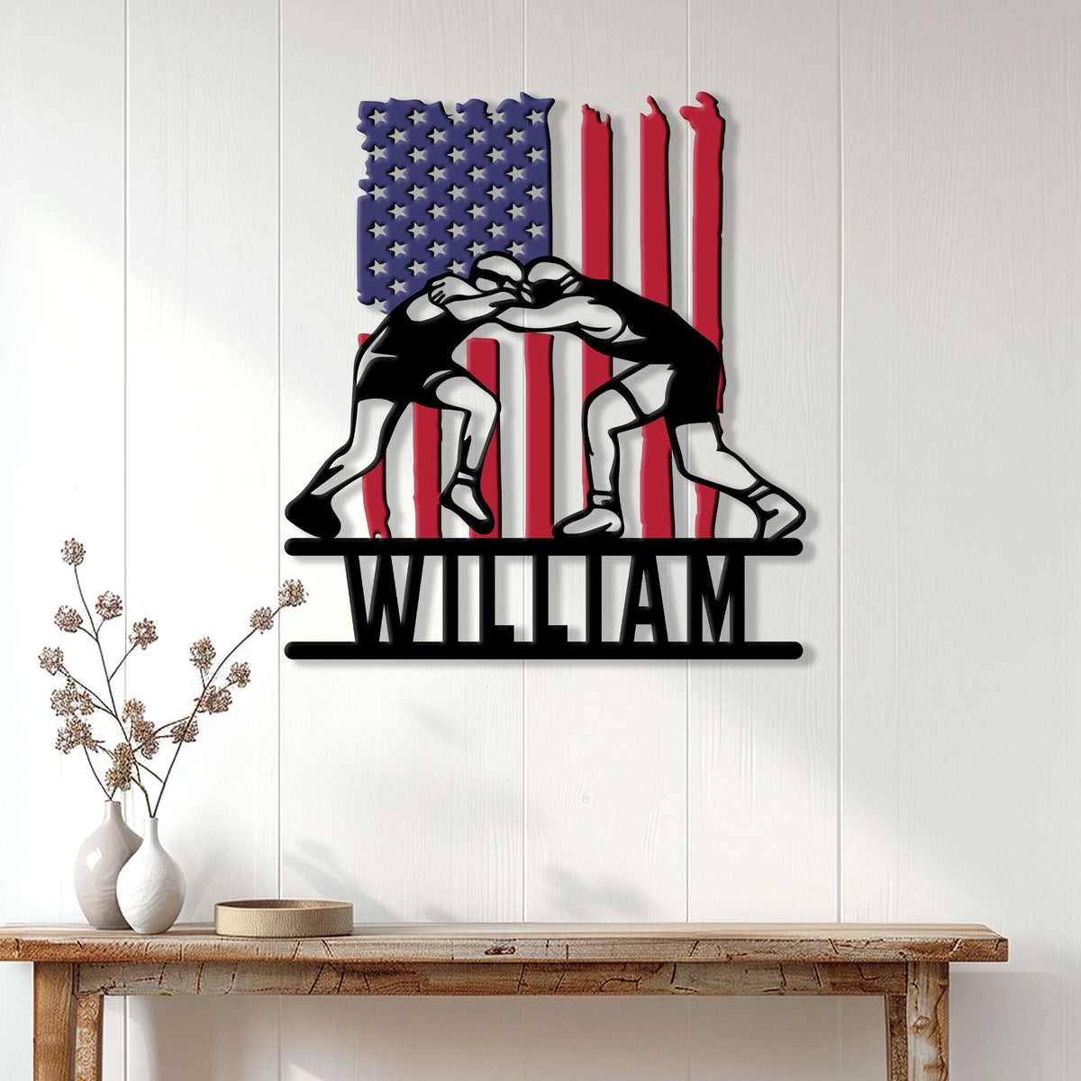 Wrestling wall decor displayed on a white paneled wall above a wood console table