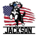Patriotic Aussiedoodle metal sign featuring a fluffy dog in flag sunglasses against a distressed American flag