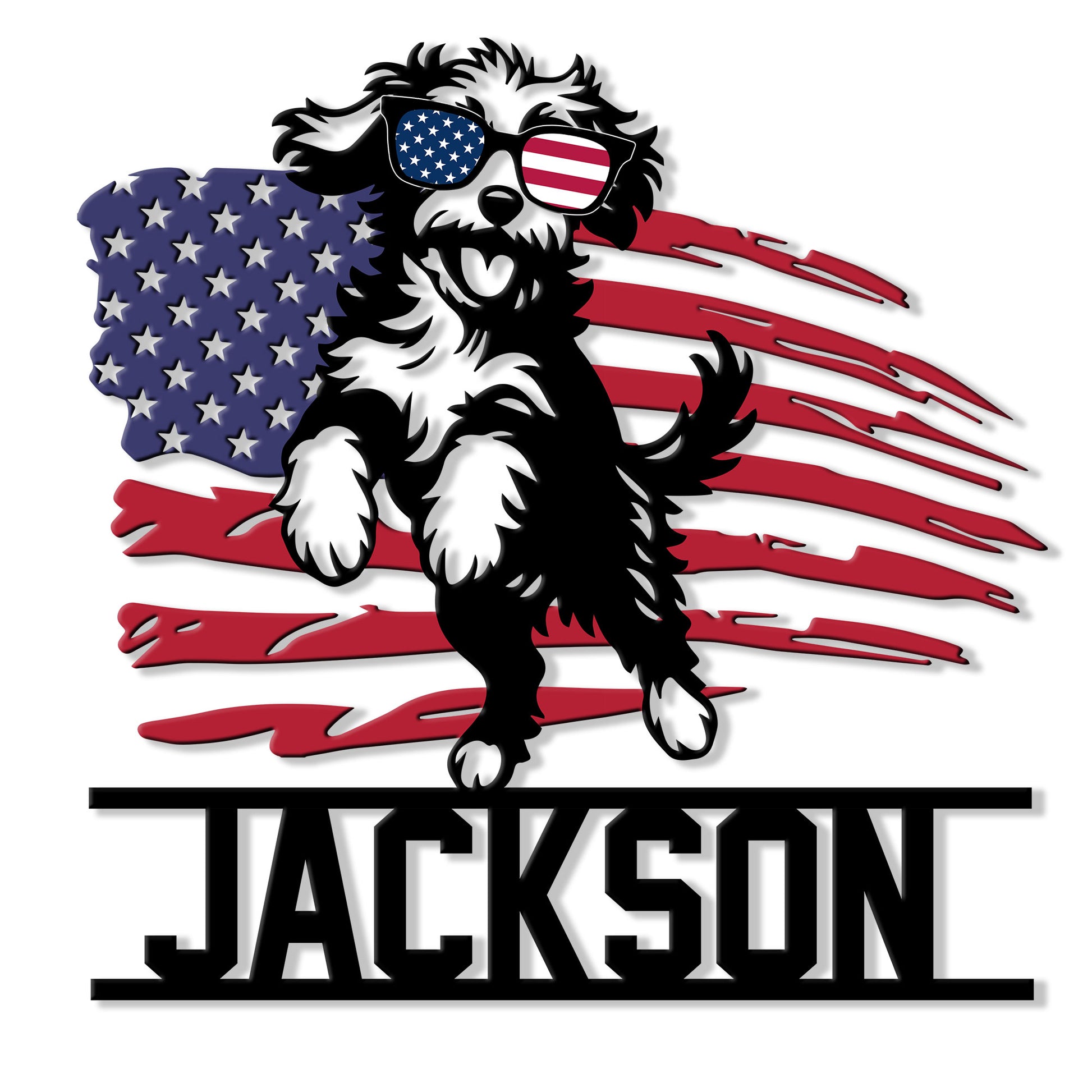 Patriotic Aussiedoodle metal sign featuring a fluffy dog in flag sunglasses against a distressed American flag