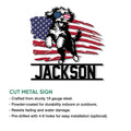Aussiedoodle metal sign product graphic showing the patriotic dog design and cut metal sign presentation
