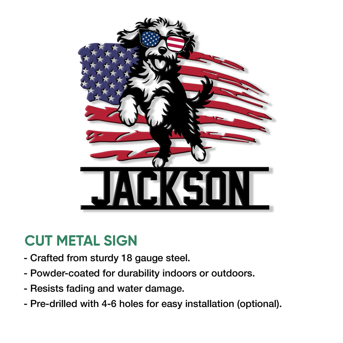 Aussiedoodle metal sign product graphic showing the patriotic dog design and cut metal sign presentation