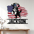 Patriotic Aussiedoodle wall sign displayed on a white paneled wall above a console table